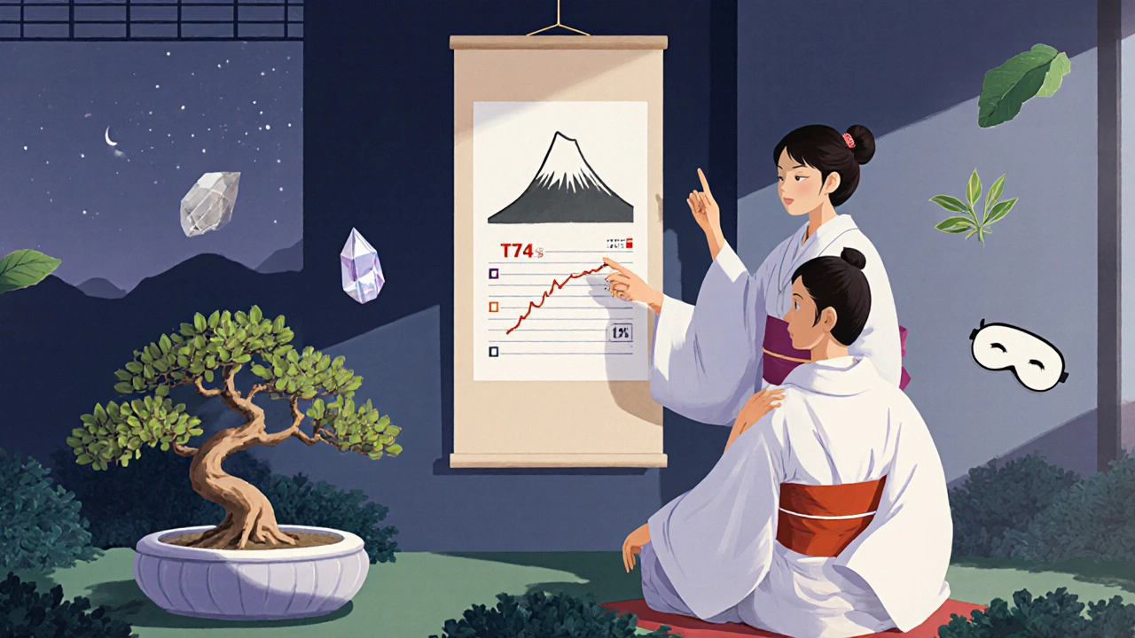 A doctor in kimono explains blood test results to a patient, with wilting ashwagandha and safe alternatives floating nearby in Zen garden setting.