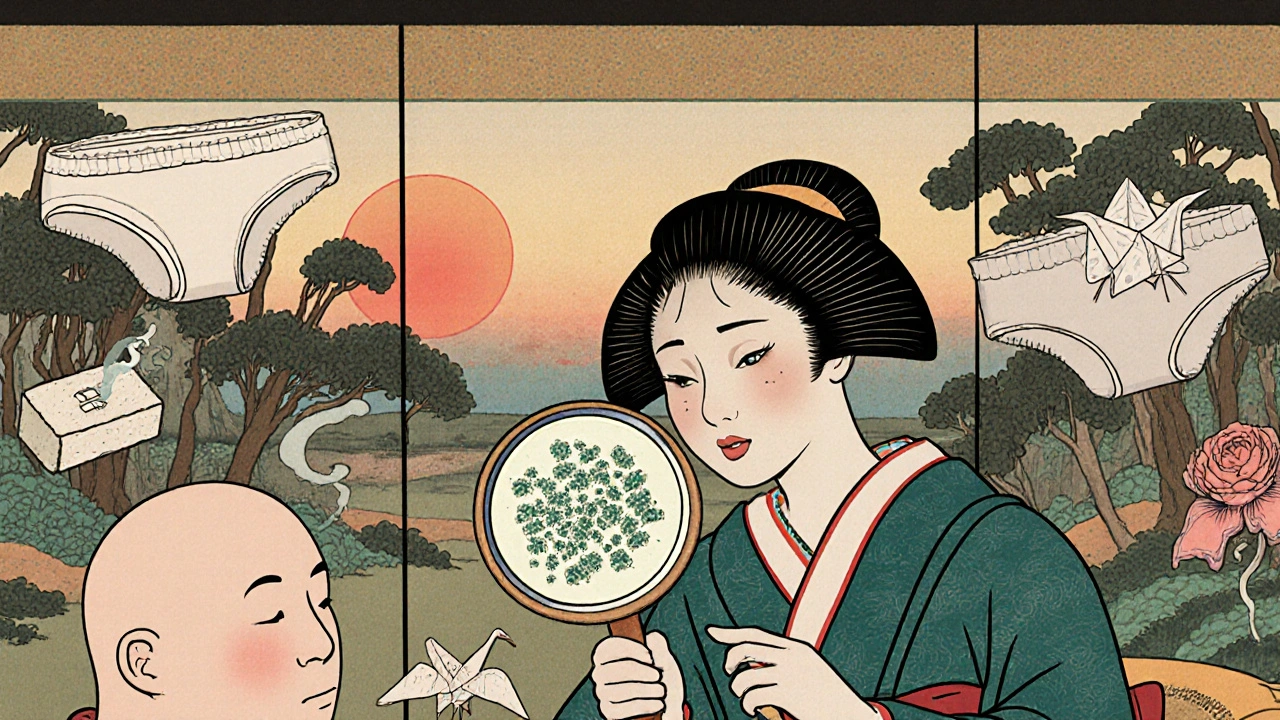 A healer examines microscopic flora under a lotus-shaped magnifier, surrounded by symbolic health elements.