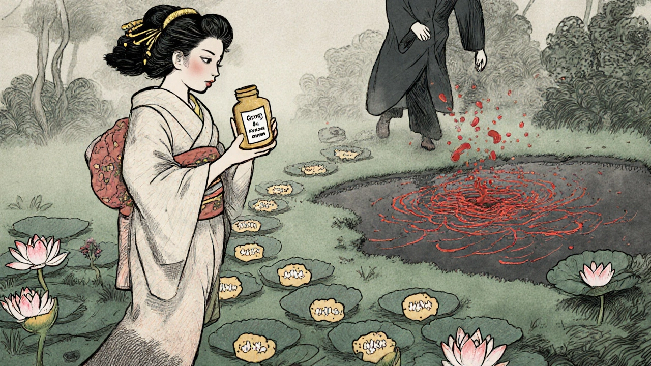 A woman walking through a garden, probiotics in hand, as antibiotics pollute the water with yeast.