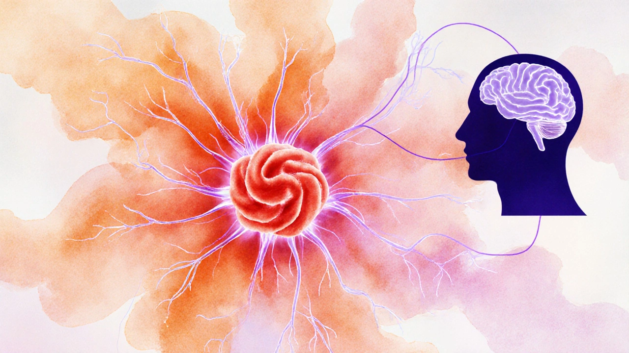 Abstract watercolor of a trigger point knot sending pain signals.