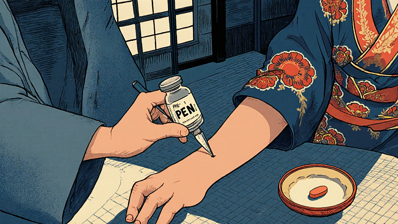 Allergist performs penicillin skin prick and amoxicillin challenge on a patient’s arm in a Japanese‑style clinic.