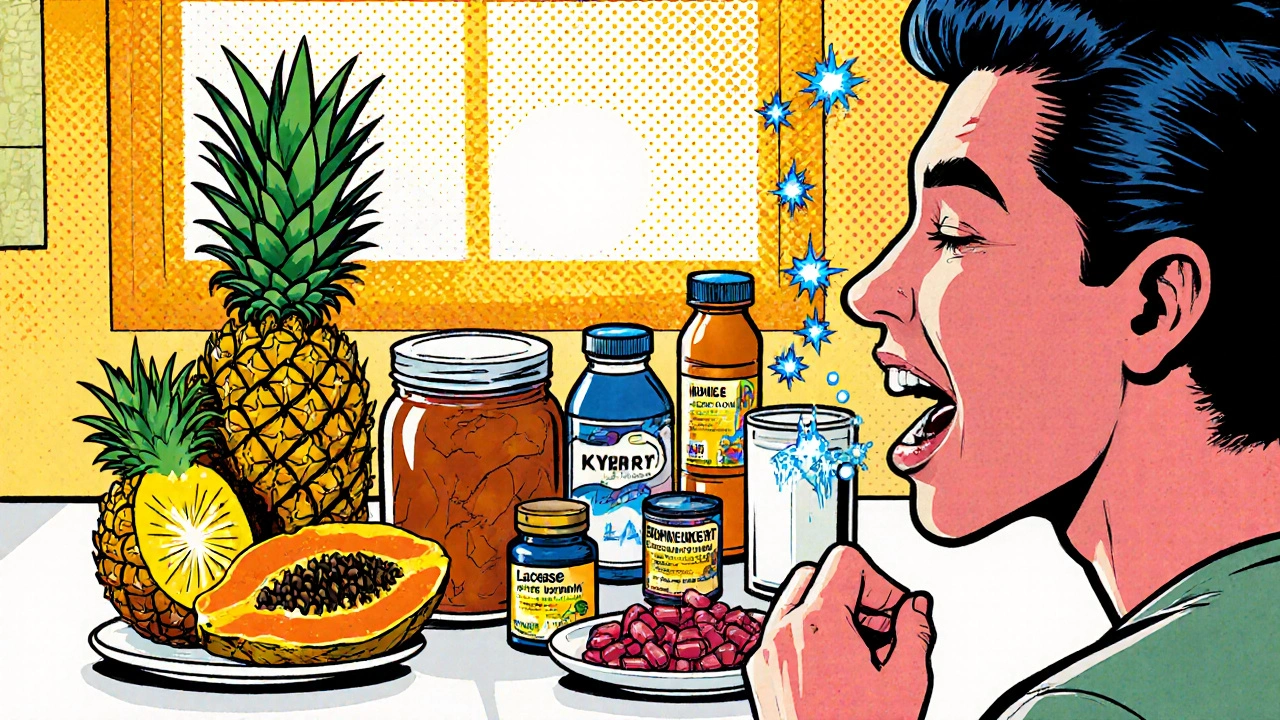 Bright kitchen counter displaying pineapple, papaya, kimchi, supplements, and a person chewing.