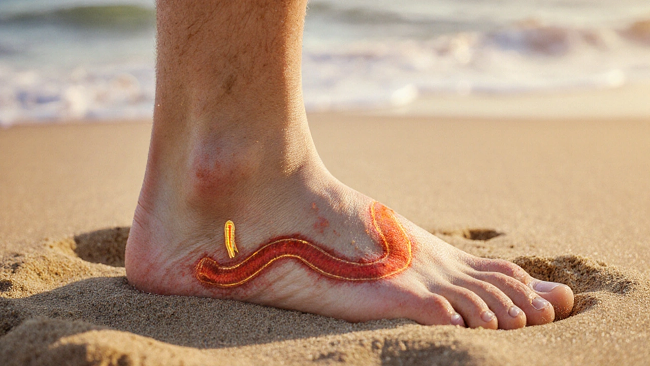 Close-up of a foot with a serpentine red rash indicating hookworm creeping eruption.