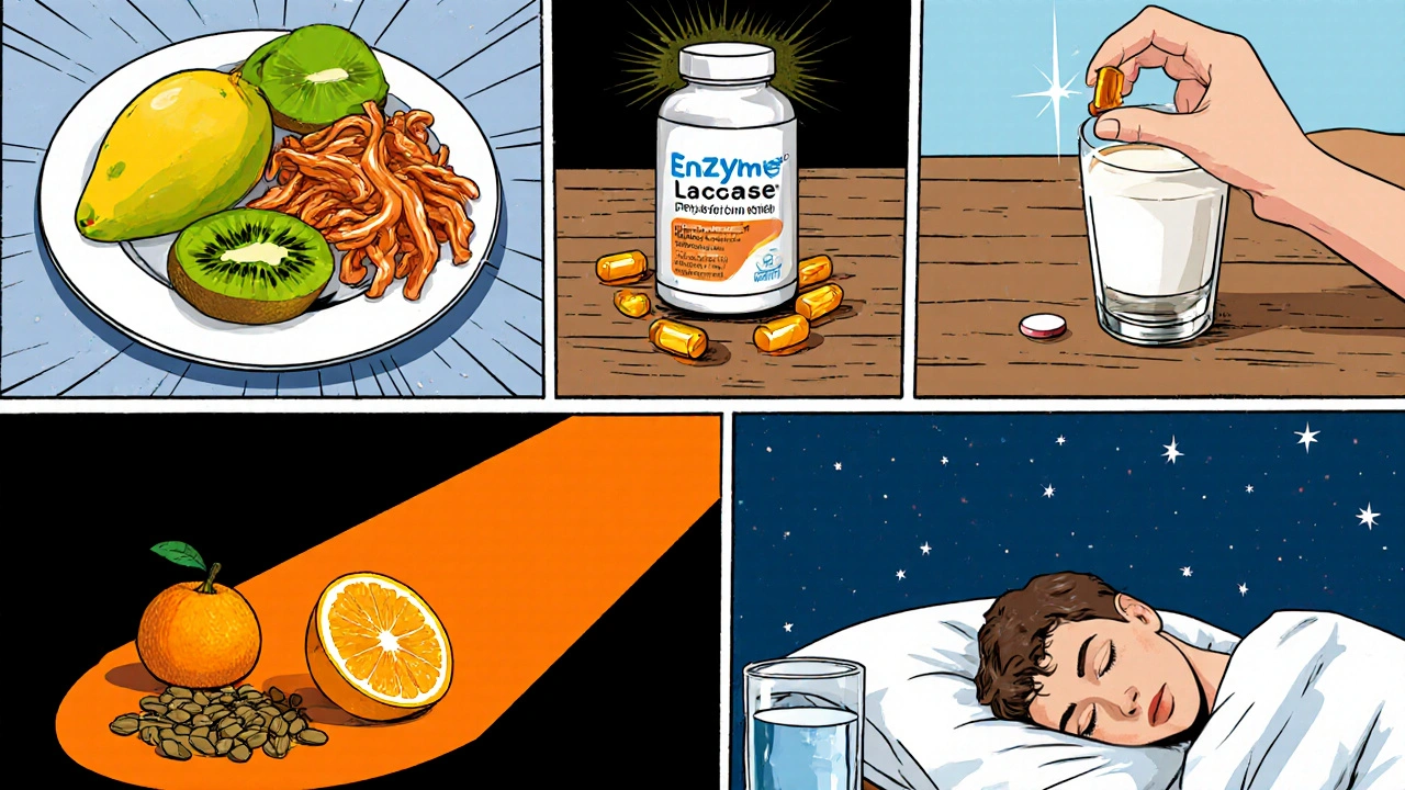Collage of daily routine: enzyme foods, lactase tablet, supplement bottles, vitamin C, zinc, sleep.