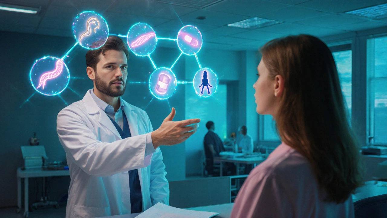Digital painting of a doctor and patient with a holographic decision tree of parasite and drug icons.