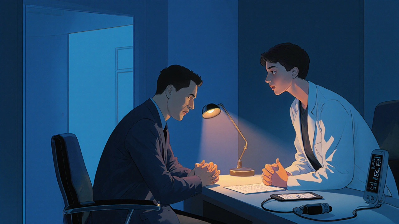 Doctor consulting a thoughtful male patient in a softly lit office, emphasizing safety.
