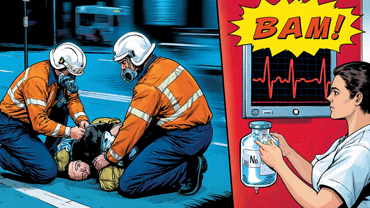EMTs administering activated charcoal and hospital staff giving sodium bicarbonate, with heart monitor showing widened QRS.
