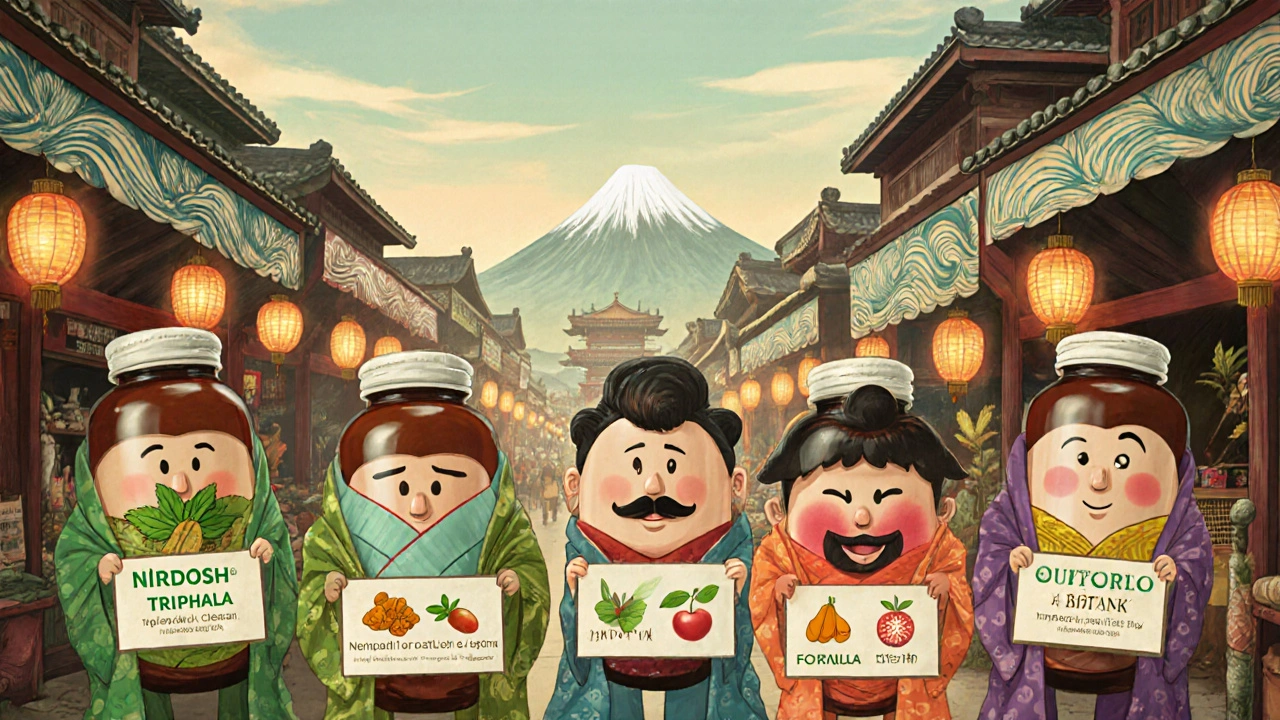 Five supplement bottles personified at a market stall, each showing its key ingredients in ukiyo-e illustration.