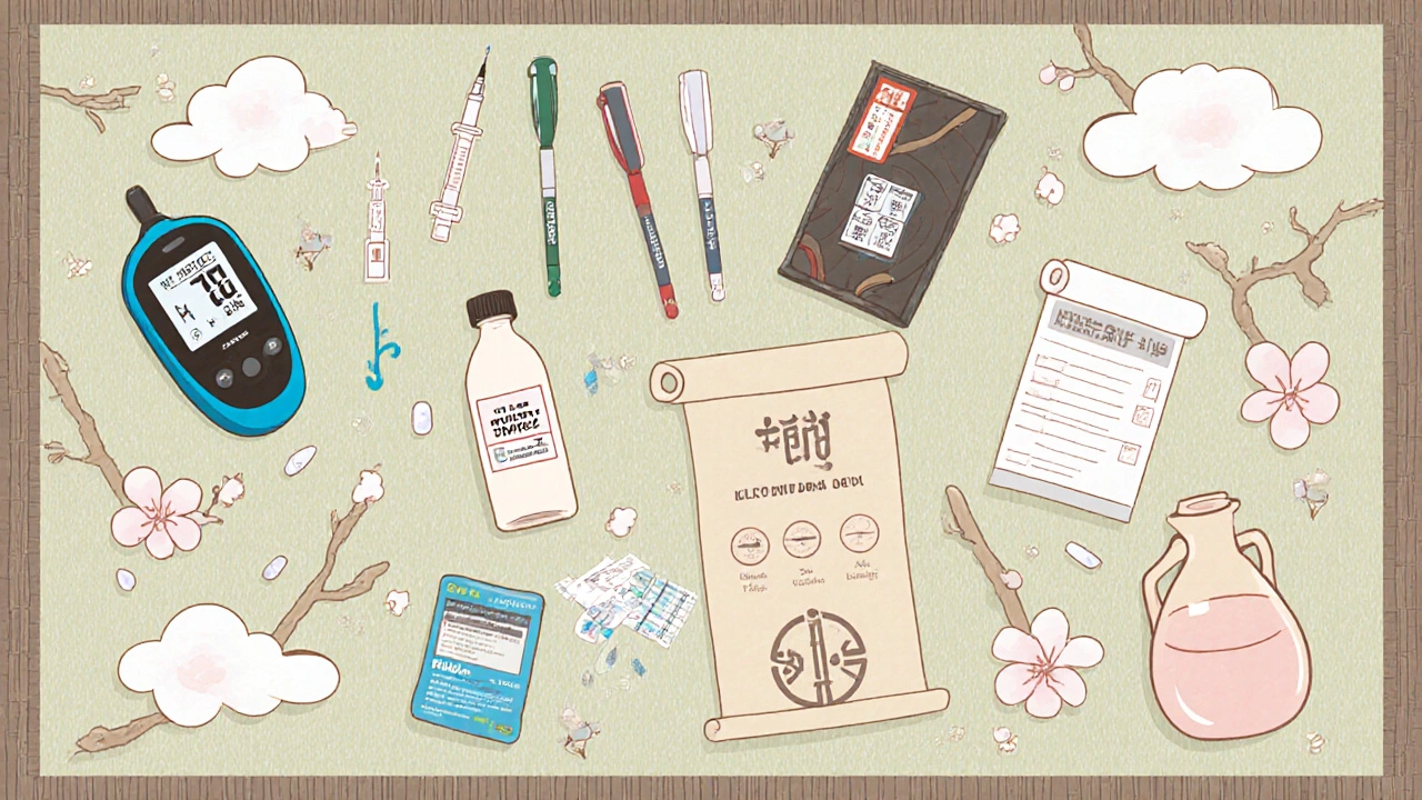 Flat lay of a diabetes sick‑day kit with meter, test strips, medication, fluids, and carbs.