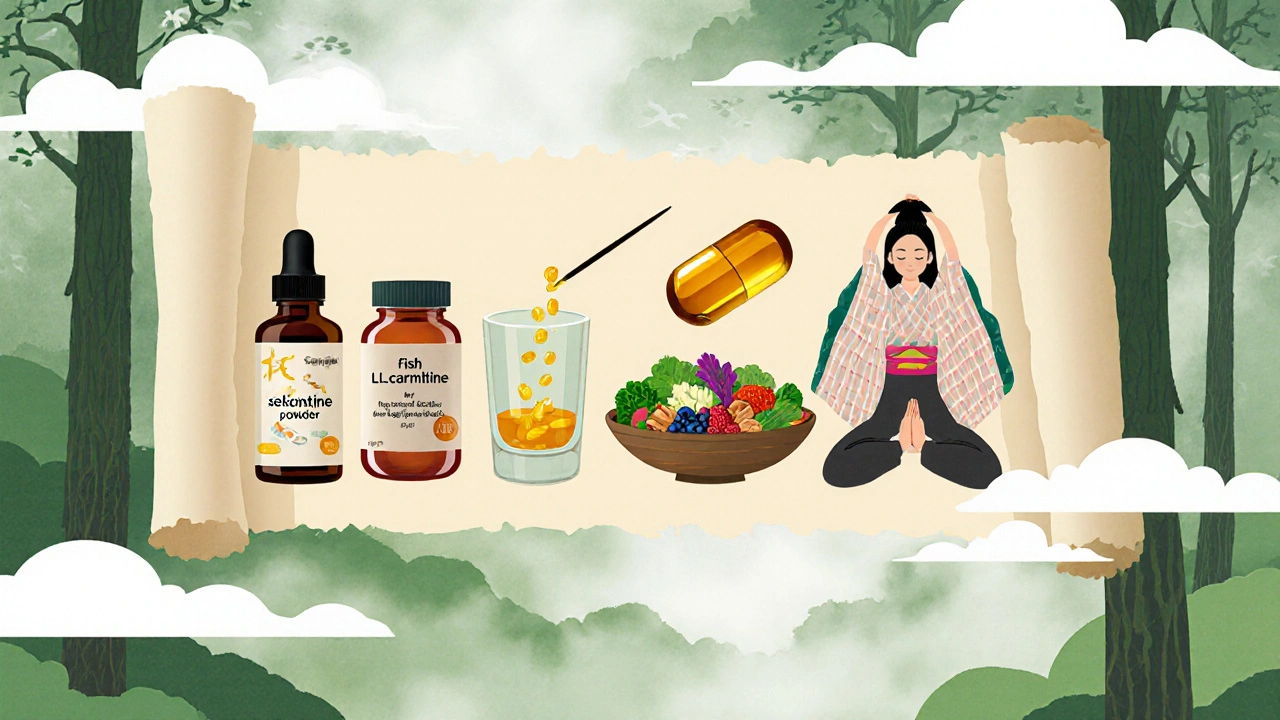 Floating supplements, acupuncture needles, yoga pose, and vegetables representing alternative treatments.