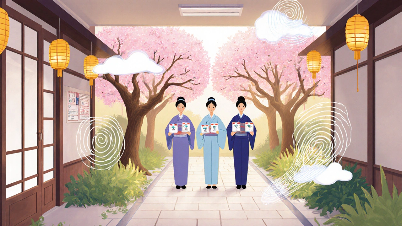 Hospital staff use rapid penicillin test kits amid cherry blossoms, symbolizing reduced infections.