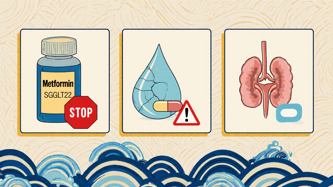Illustrated guide showing metformin, SGLT2 inhibitor, and ACE inhibitor being paused during sickness.