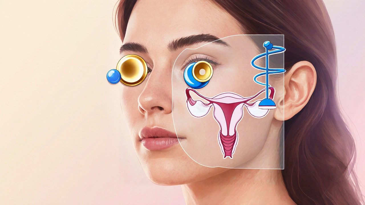 Illustration of Yasmin hormones influencing clear skin and uterine balance.