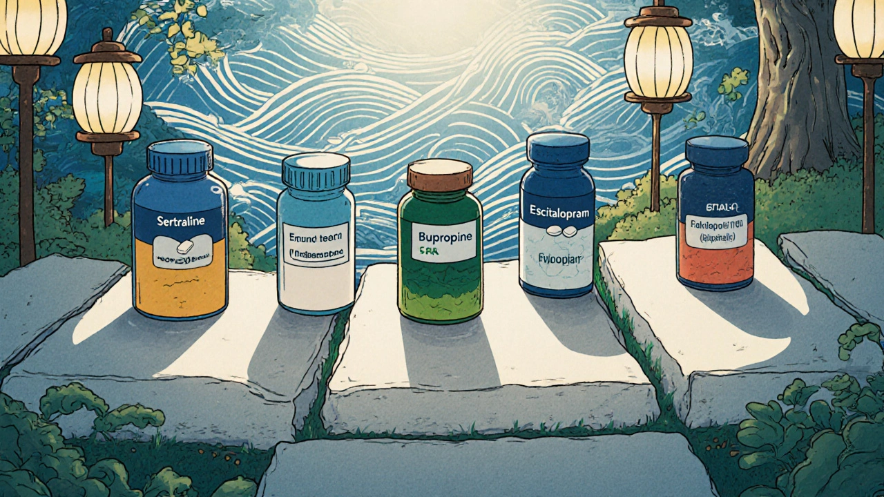 Line of six pill bottles placed on a Japanese garden path with lantern lighting.