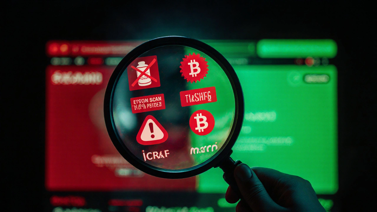 Magnifying glass reveals red warning signs on a fraudulent pharmacy webpage.