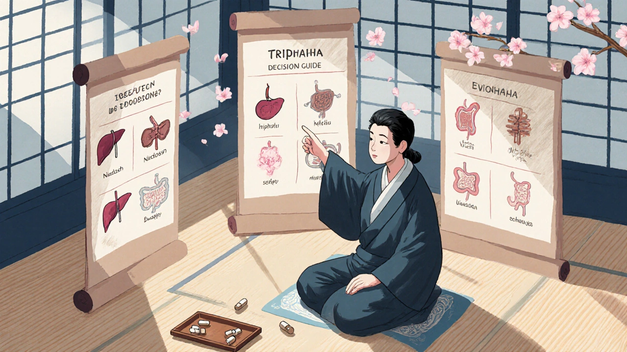 Modern person consulting a herbalist with decision‑guide panels for detox supplements in ukiyo-e style.