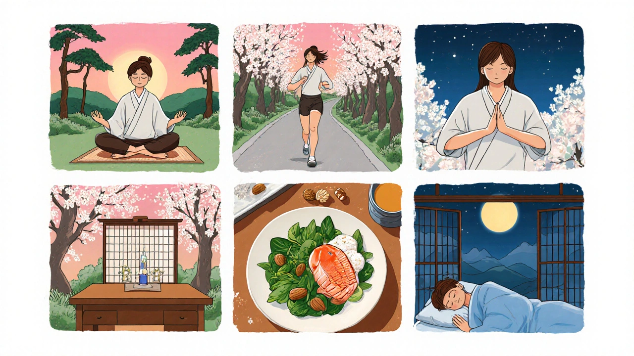Multi‑panel ukiyo-e scene of meditation, jogging, healthy eating, and sleeping for hair health.