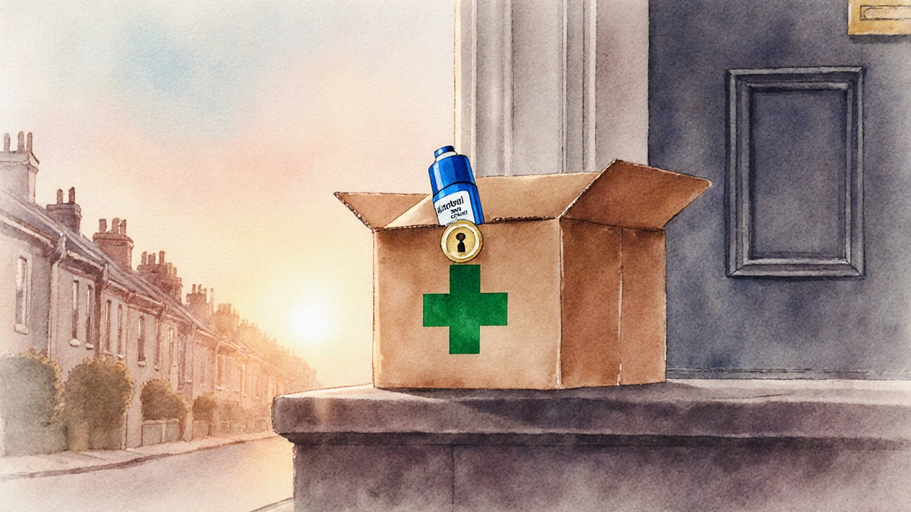 Package with green cross logo delivering a generic albuterol inhaler at doorstep.