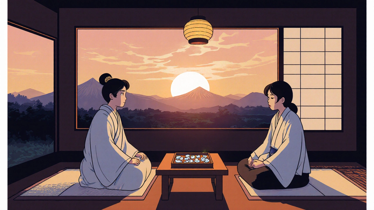 Patient and doctor sitting on tatami mats discussing medication, lantern light.