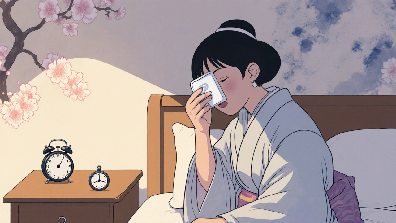 Person applying a cold compress to an eye at home, illustrated in ukiyo‑e.