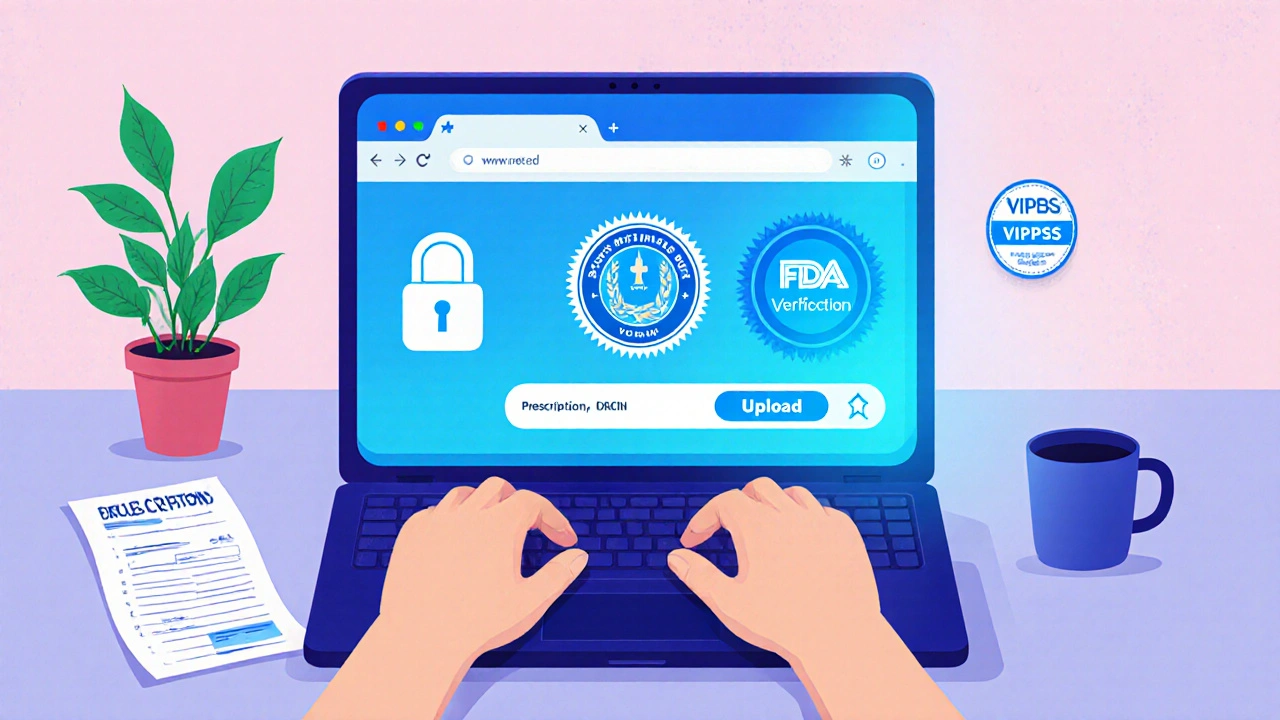 Person checking a secure pharmacy website with FDA and VIPPS badges on a laptop.