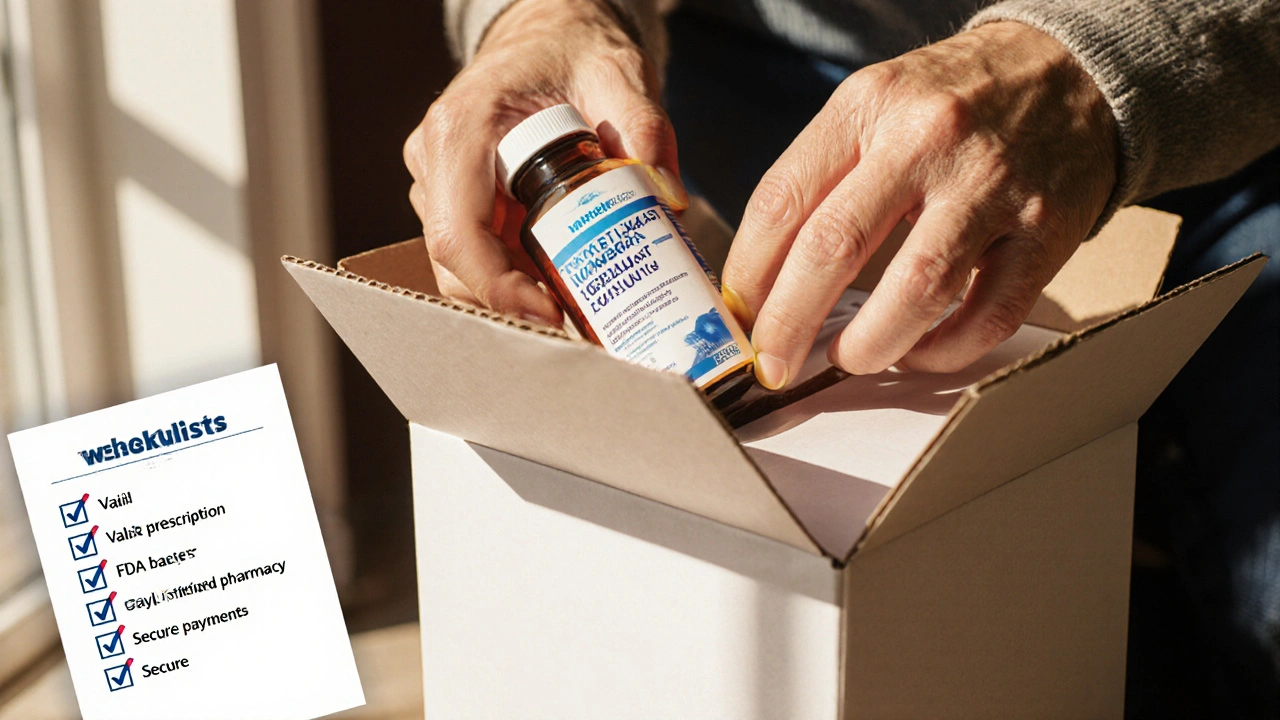 Person opening a package revealing a labeled Singulair bottle with a safety checklist overlay.