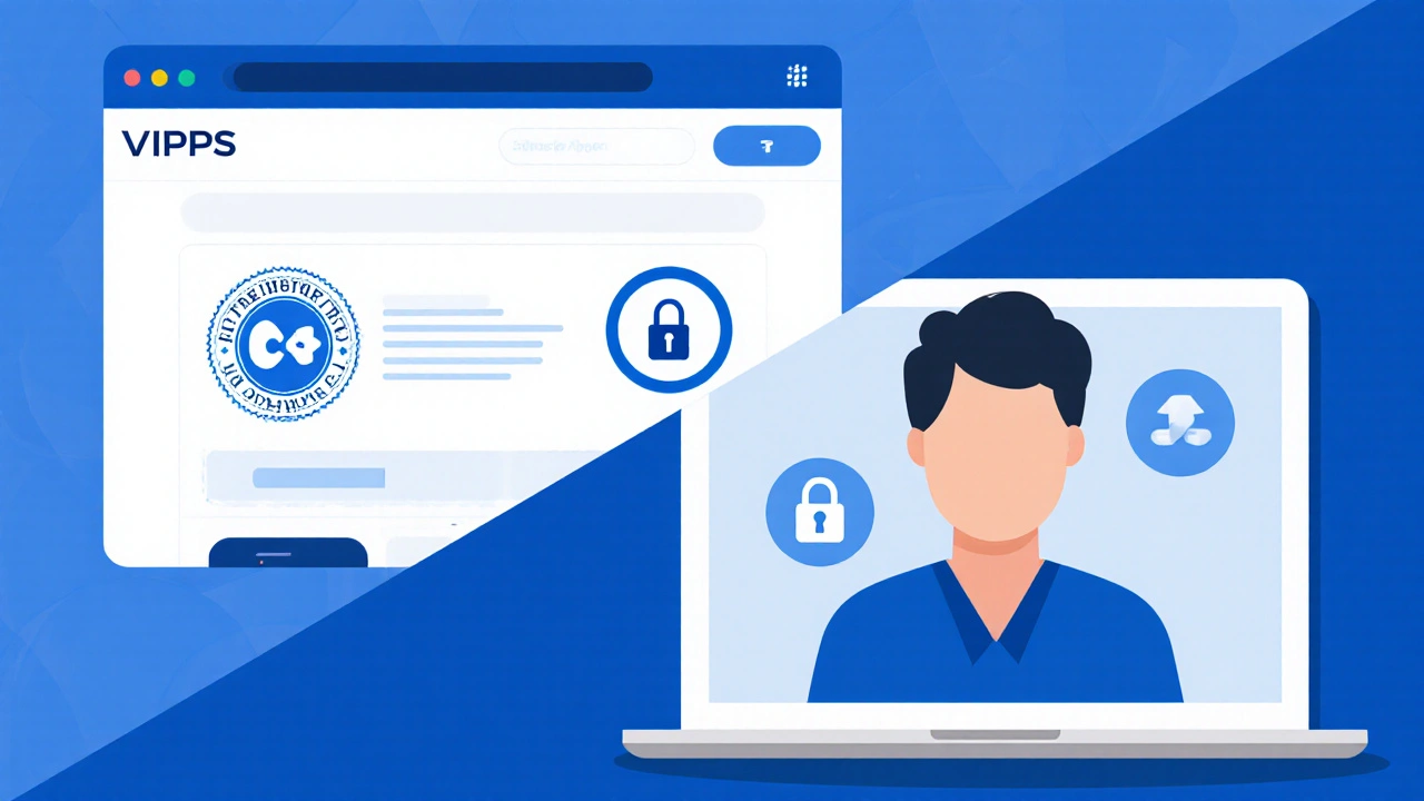 Person video‑chatting with doctor while viewing a secure online pharmacy site with verification seals.