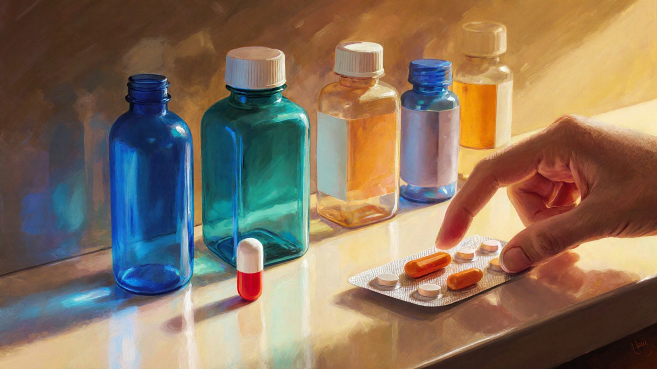 Pharmacy counter with various colored medication bottles and a dual‑colored pill in focus.