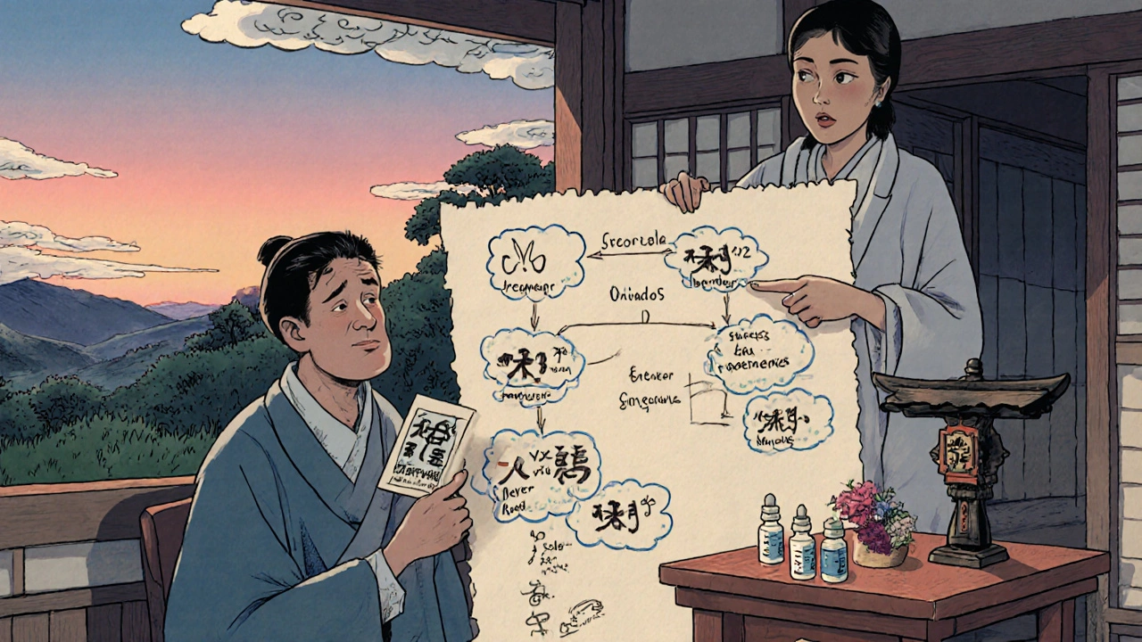 Rural clinic scene with patient holding steroid alert card and hand-drawn stress-dose flowchart on rice paper.