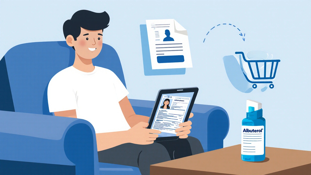 Tele‑consultation showing doctor icon and generic albuterol inhaler added to cart.