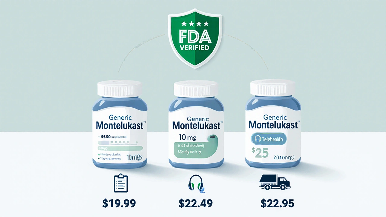 Three generic montelukast bottles with price tags and icons showing prescription, telehealth, and shipping.