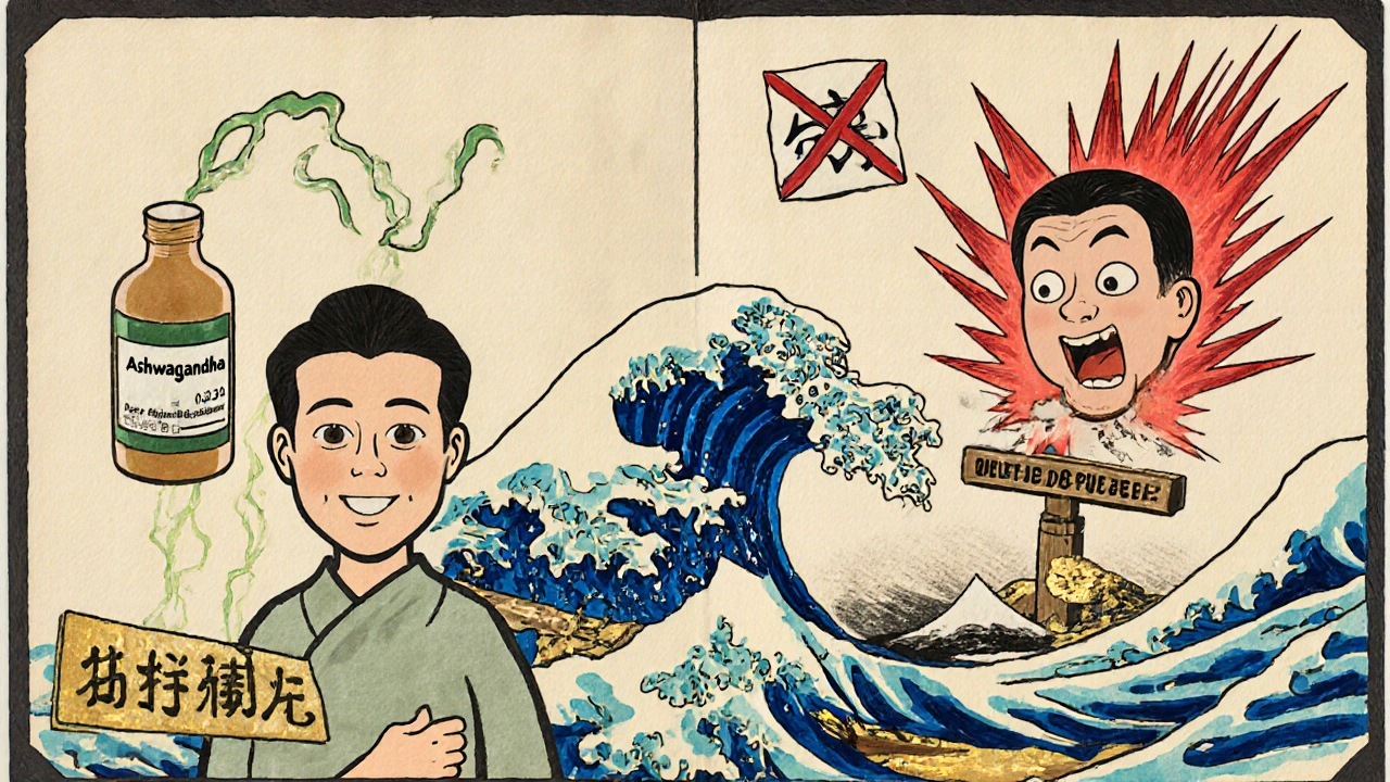 Two contrasting scenes: calm ashwagandha use vs. thyroid crisis with shattered TSH scale, in traditional Japanese illustration style.