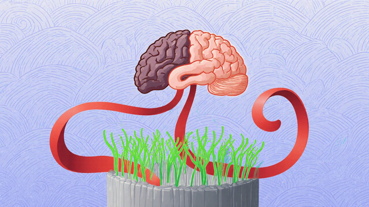 Ukiyo-e illustration of brain, adrenal glands, cortisol flow, and hair follicles changing phase.