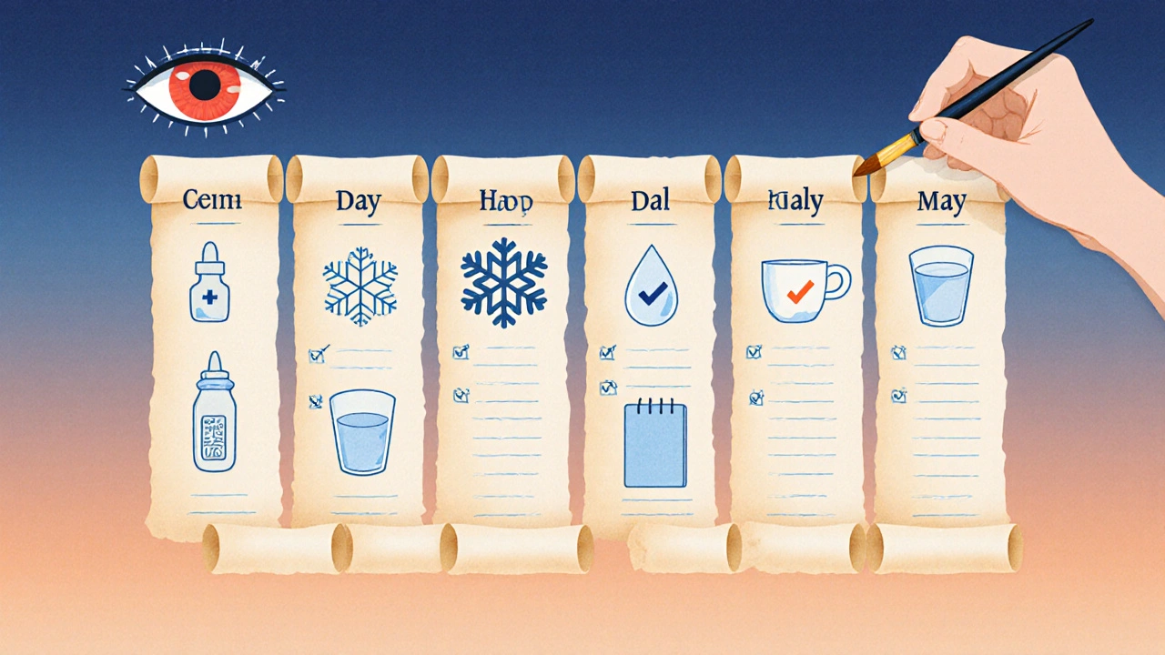Ukiyo‑e style weekly planner showing eye‑care steps and healing progress.