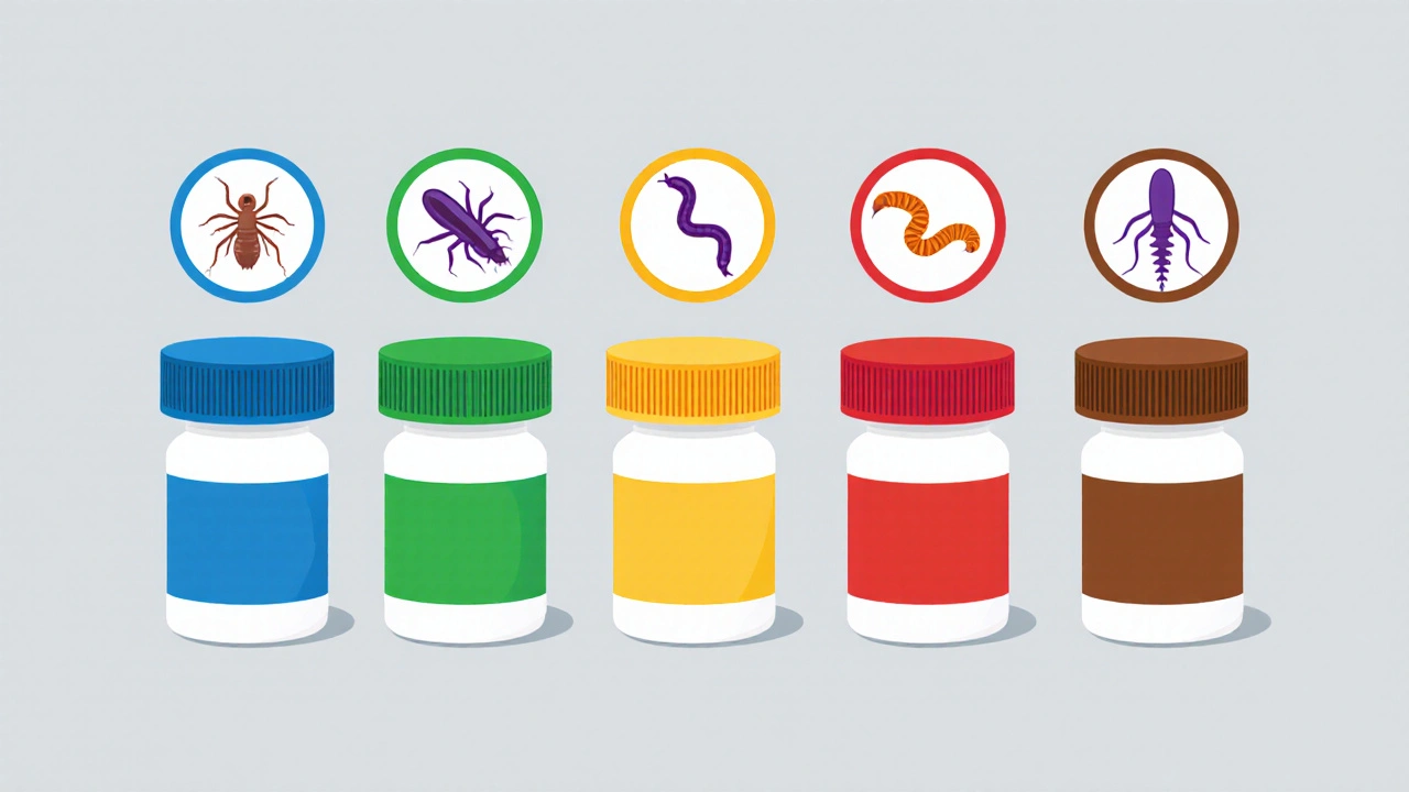 Vector illustration of seven colored pill bottles each paired with a parasite icon.