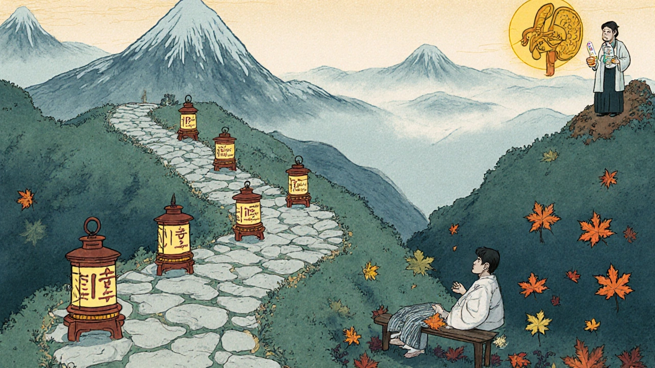 Winding path of steroid taper steps through mountains, leading to a glowing adrenal gland at dawn.