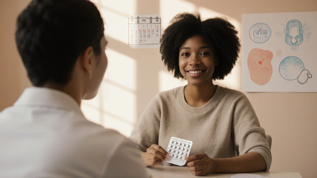 Woman discussing pill options with doctor, holding a blister pack.