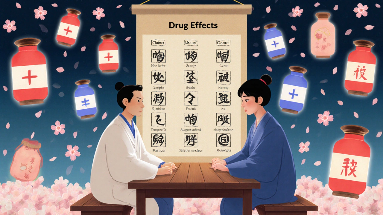 A doctor and patient discuss medications as floating lanterns show weight gain or loss effects, in traditional Japanese illustration style.