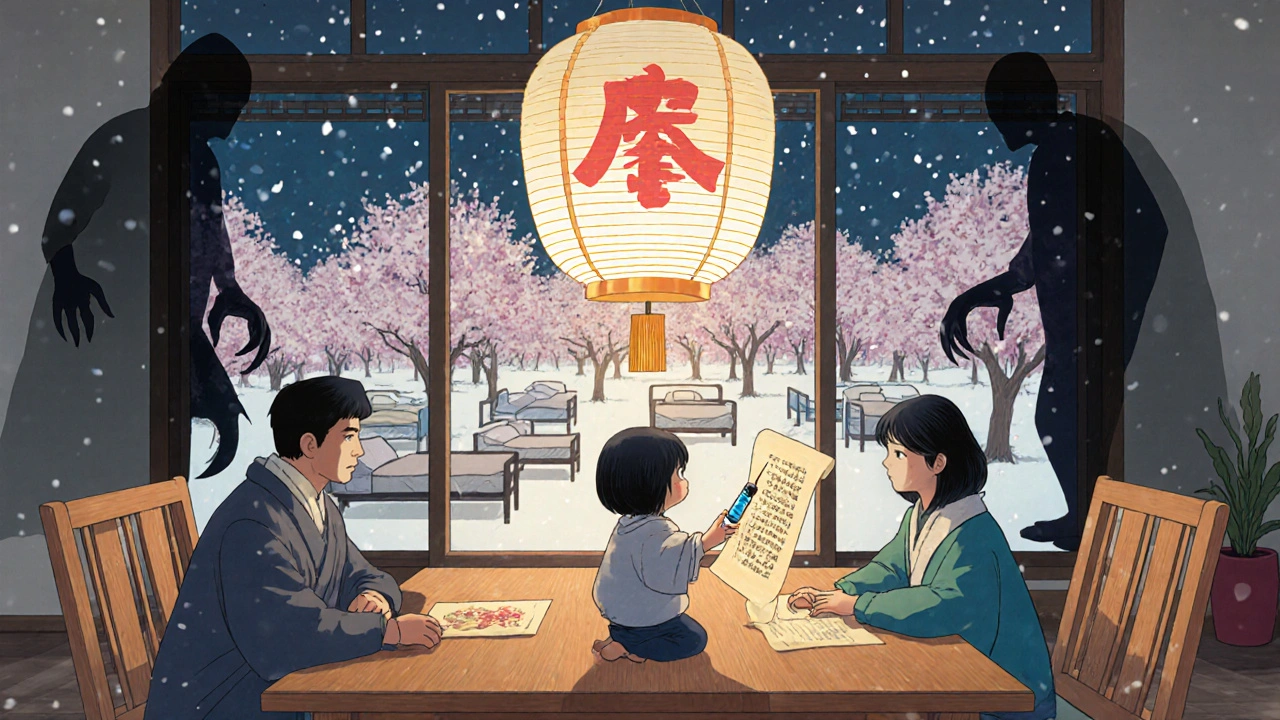 A family holds a flu vaccine like a sacred object, its light driving away illness shadows under blooming sakura trees.
