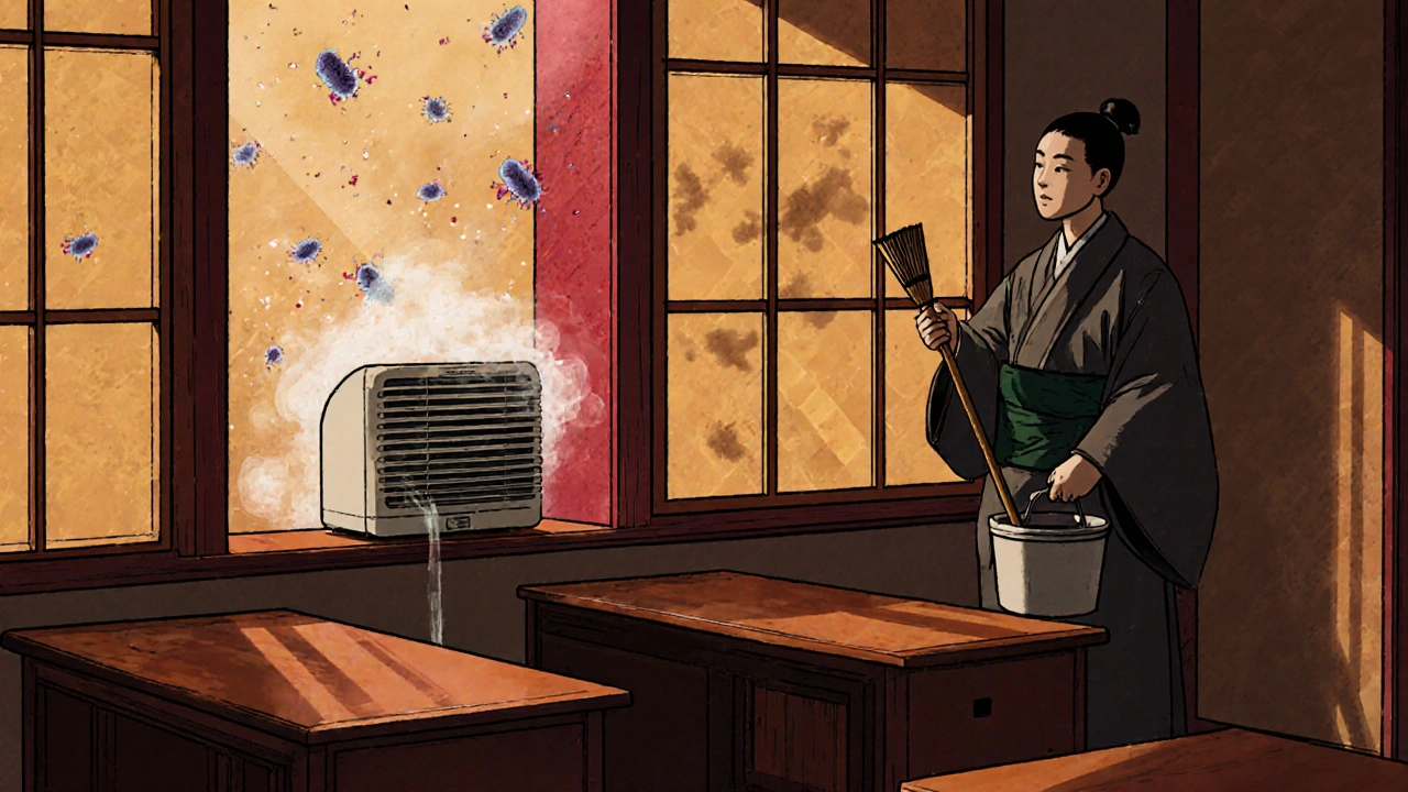 A neglected humidifier releases mist in a traditional office, with shadowy bacteria drifting in sunlight.