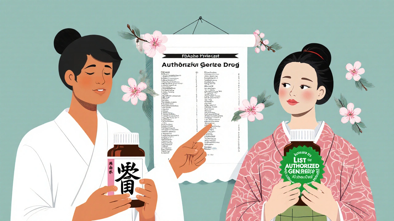 A patient comparing pill bottles as a pharmacist gestures to a floating FDA list, cherry blossoms drifting nearby.