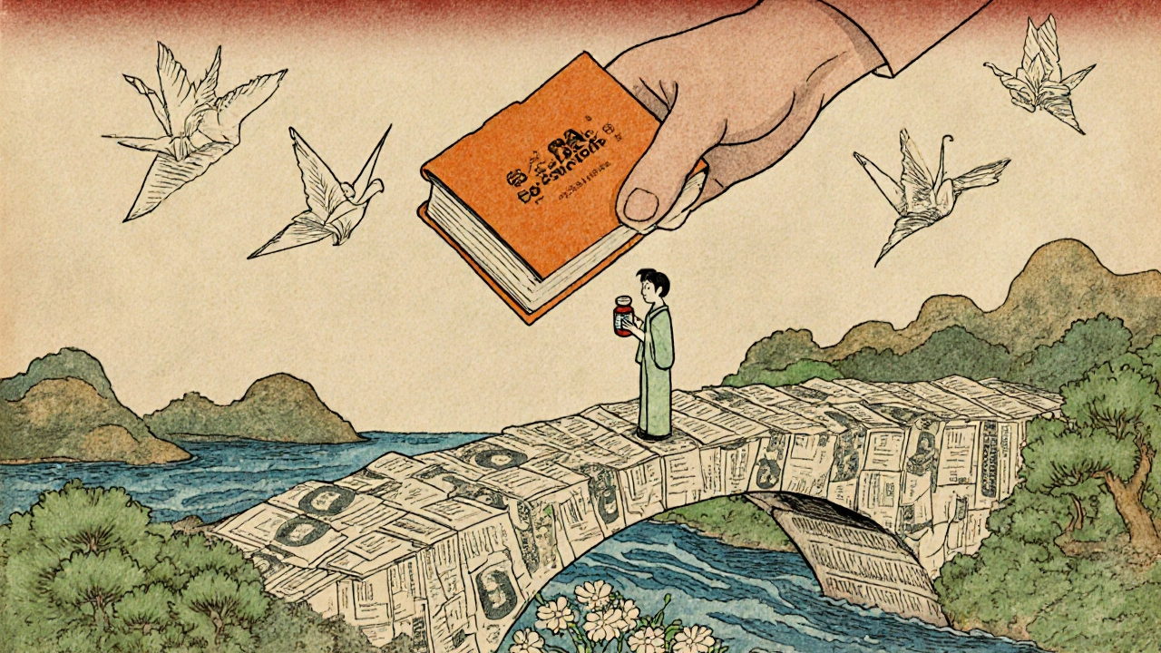 A patient on a legal document bridge, watching dollar bills turn to flowers, with FDA gavel and biosimilar cranes.