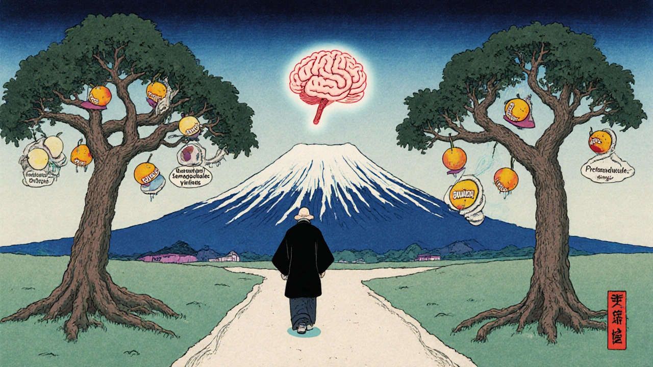 A person walks between two trees: one heavy with weight-gain drugs, the other light with weight-loss drugs, in ukiyo-e aesthetic.