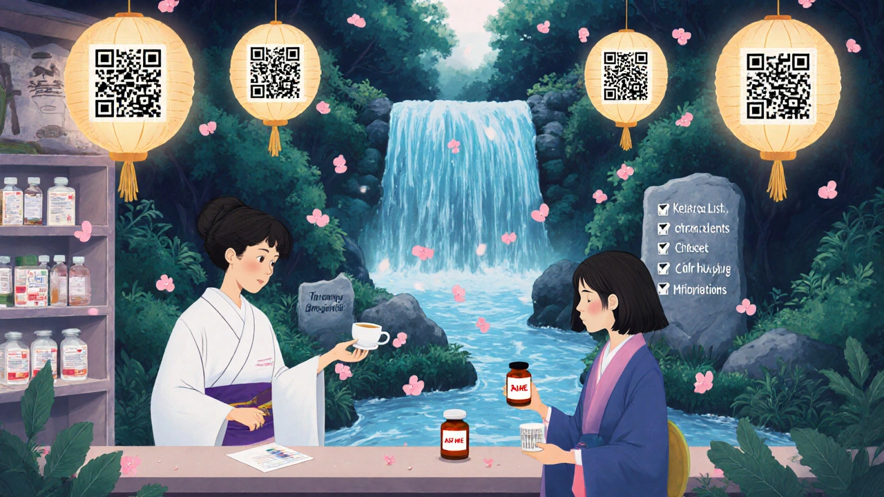 A pharmacy counter as a Japanese garden with floating QR codes and a pharmacist offering tea labeled &#039;Ask Me&#039;.