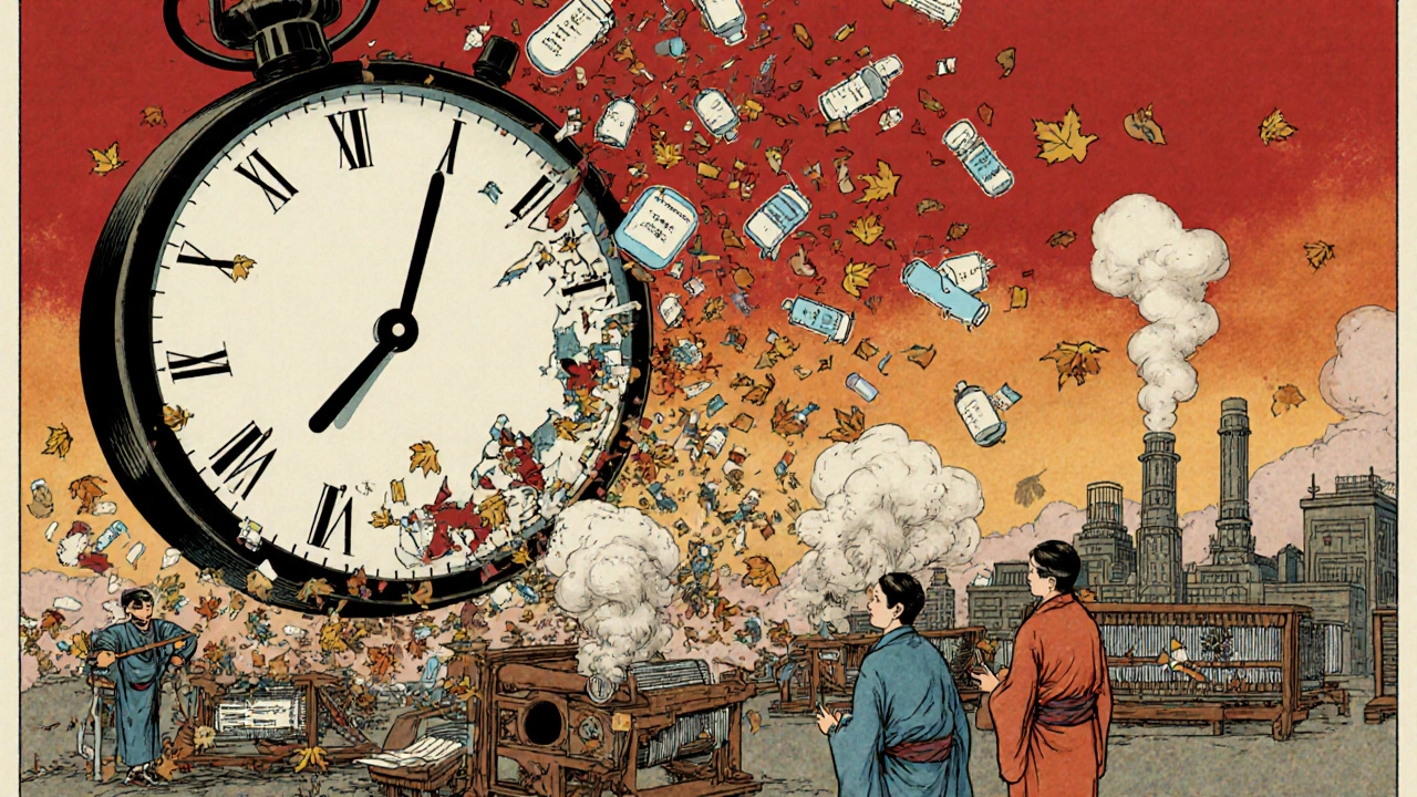 A shattered patent clock rains down medicine vials over factories in India and China, with biologics transforming into biosimilars.