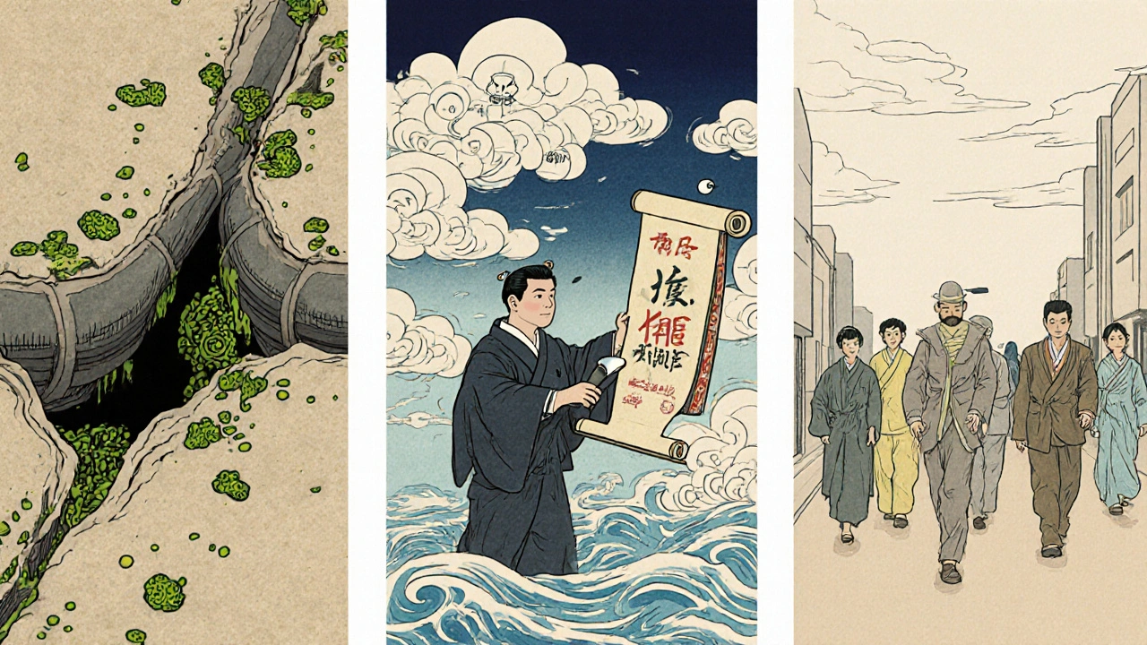 A three-panel illustration shows Legionella growth, prevention, and safety with traditional Japanese art style.