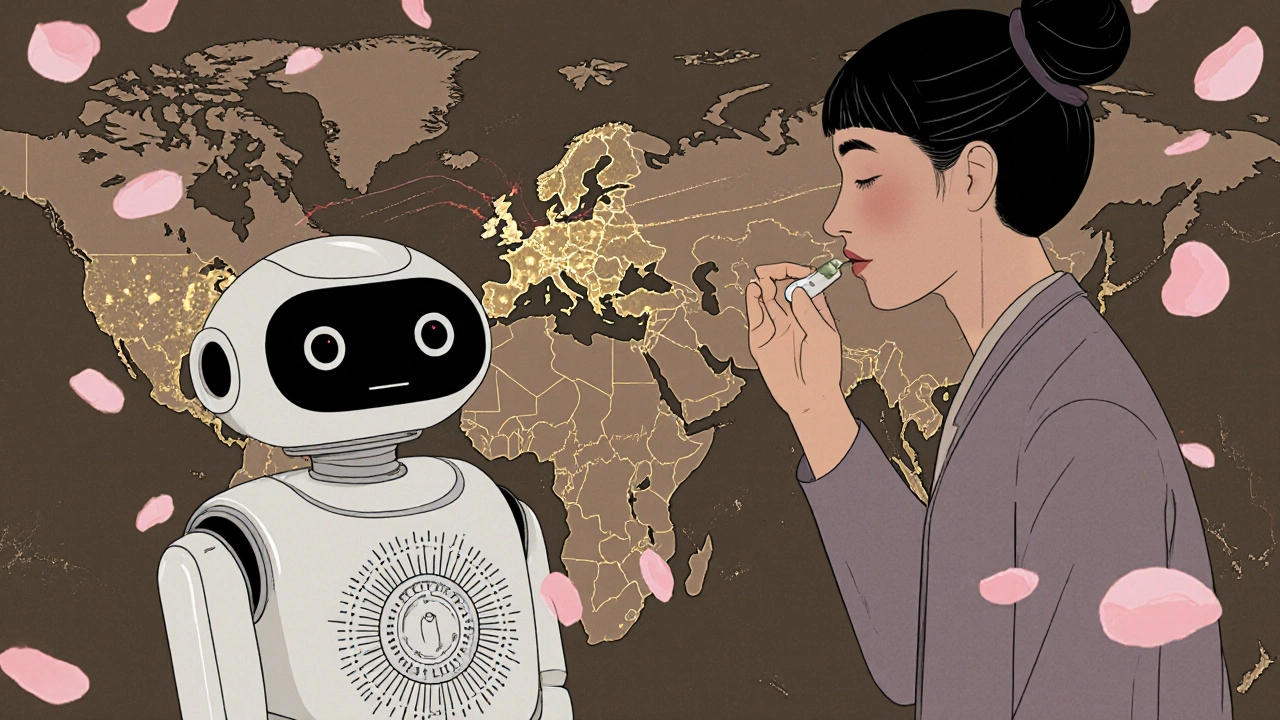 An AI dispensing robot helps a patient take medicine, surrounded by floating data streams like cherry petals, with India and China glowing on a global map.
