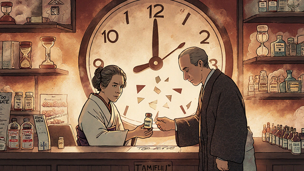 An elderly woman receiving Tamiflu at a pharmacy as time runs out, with ineffective remedies fading into mist.