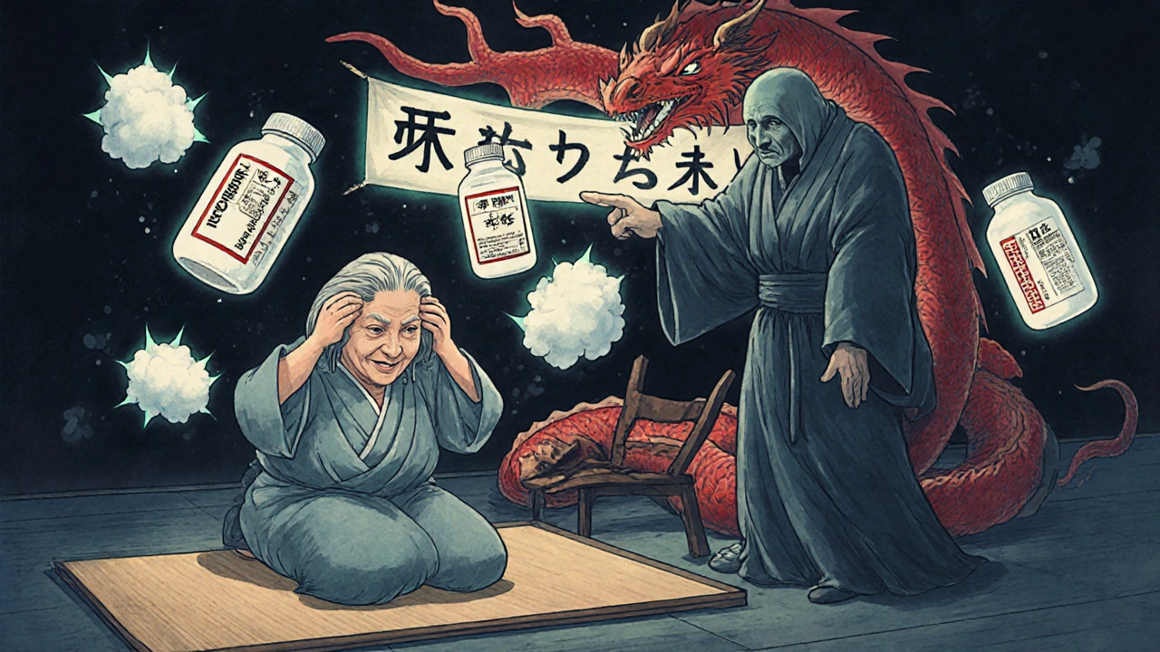 An elderly woman surrounded by floating warning pill bottles and a red dragon symbolizing high blood pressure.