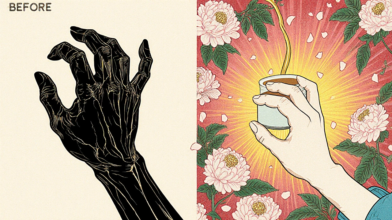 Before-and-after hand: clawed vs. healthy, with golden nerve connecting elbow to fingers.